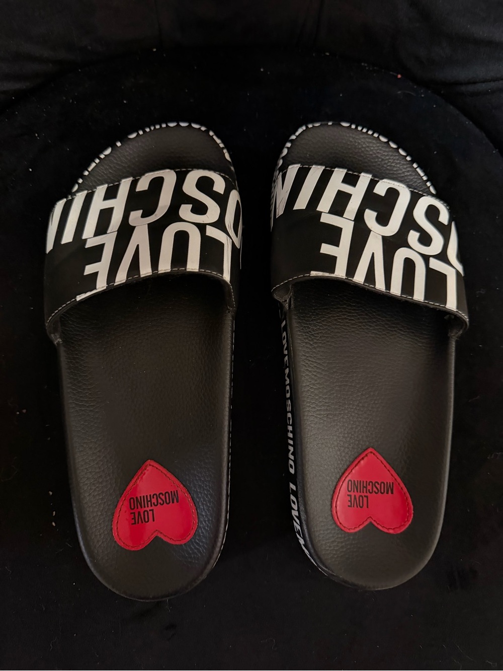 Love Moschino Black Slides with Red Heart Detail